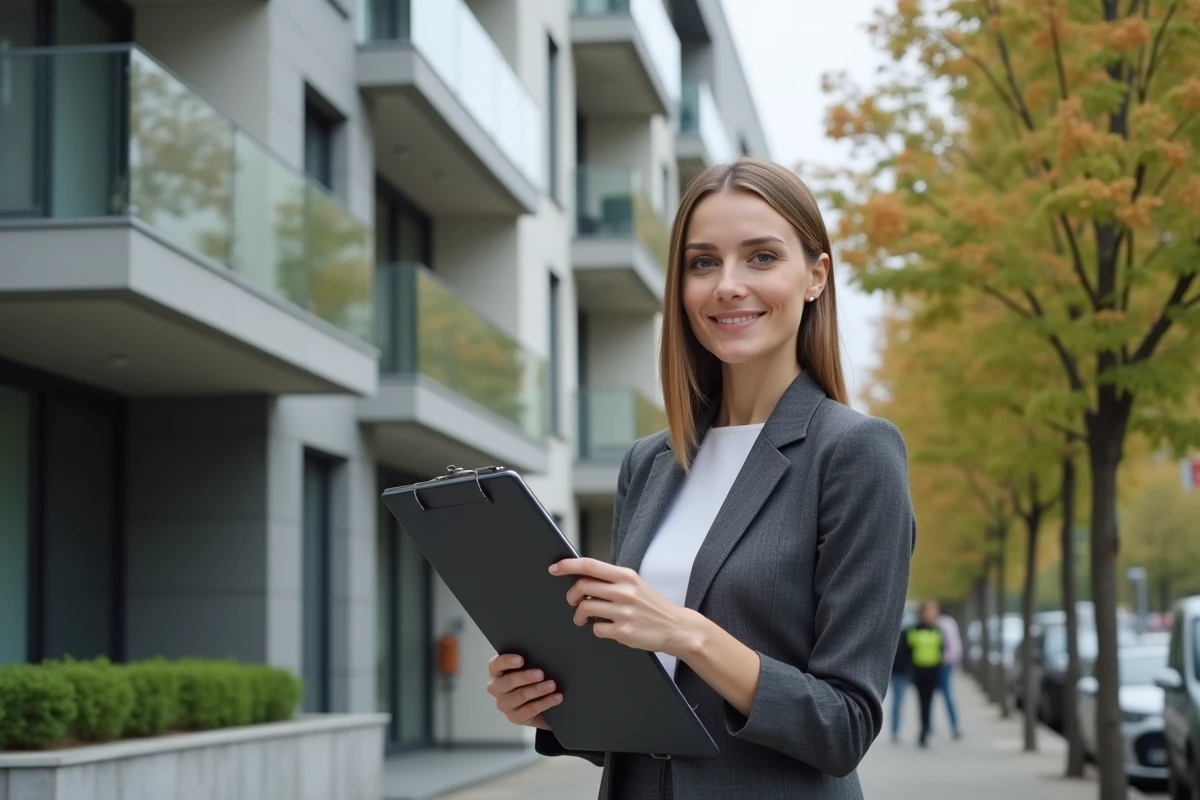 Agent immobilière devant un immeuble locatif moderne tenant un contrat de bail pour expliquer les charges locatives