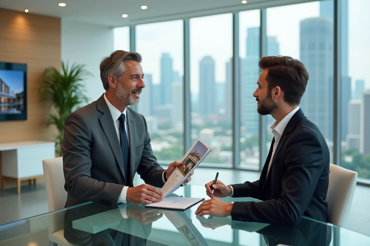 Agent immobilier présentant une offre locative attractive à un client dans une agence immobilière moderne