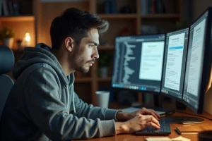 Jeune homme cherchant des alternatives à un site de torrents fermé sur son ordinateur de bureau