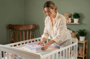 Jeune femme enceinte aménageant un berceau en bois blanc dans une chambre de bébé décorée en vert sauge avec des couvertures pastel pliées