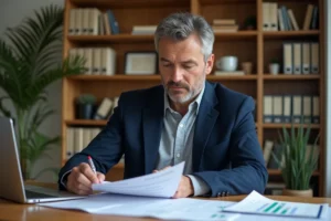Investisseur immobilier analysant des documents de loyer brut et loyer net sur un bureau en bois à domicile