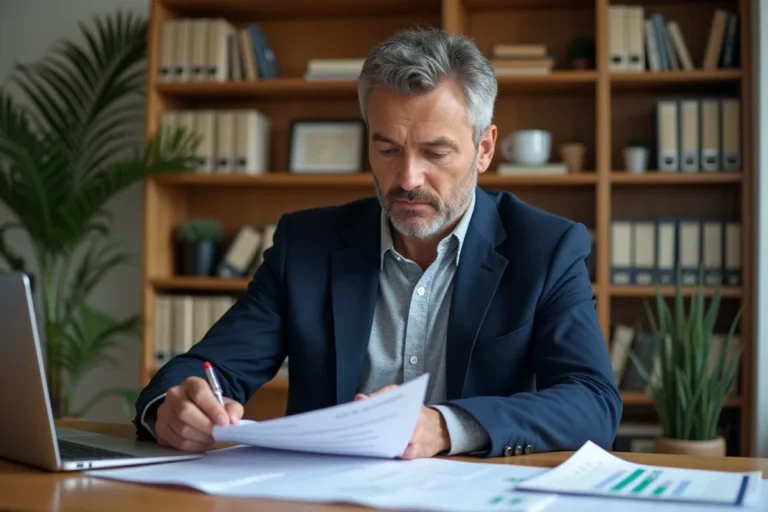 Investisseur immobilier analysant des documents de loyer brut et loyer net sur un bureau en bois à domicile