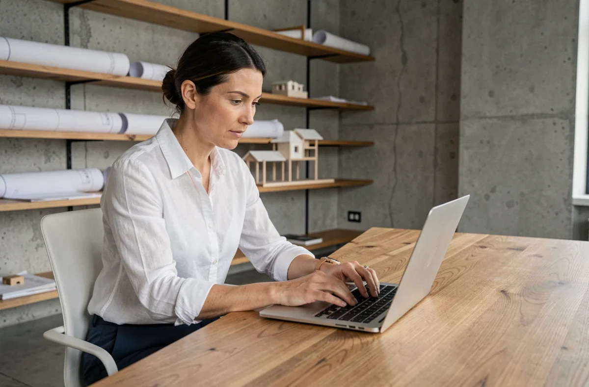 Architecte professionnelle naviguant sur le site web d'un cabinet d'architecture depuis son bureau contemporain