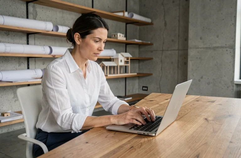 Architecte professionnelle naviguant sur le site web d'un cabinet d'architecture depuis son bureau contemporain
