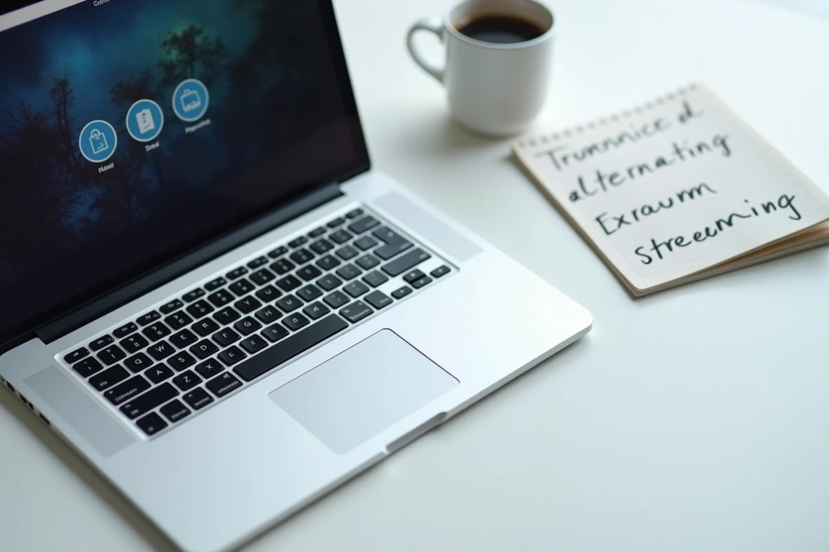 Bureau minimaliste avec ordinateur portable et notes manuscrites sur les alternatives aux sites de torrents fermés