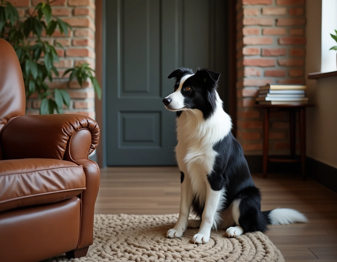 Chien Border Collie assis près d'un fauteuil regardant la porte, symbolisant l'attente et la mémoire du chien pour son propriétaire