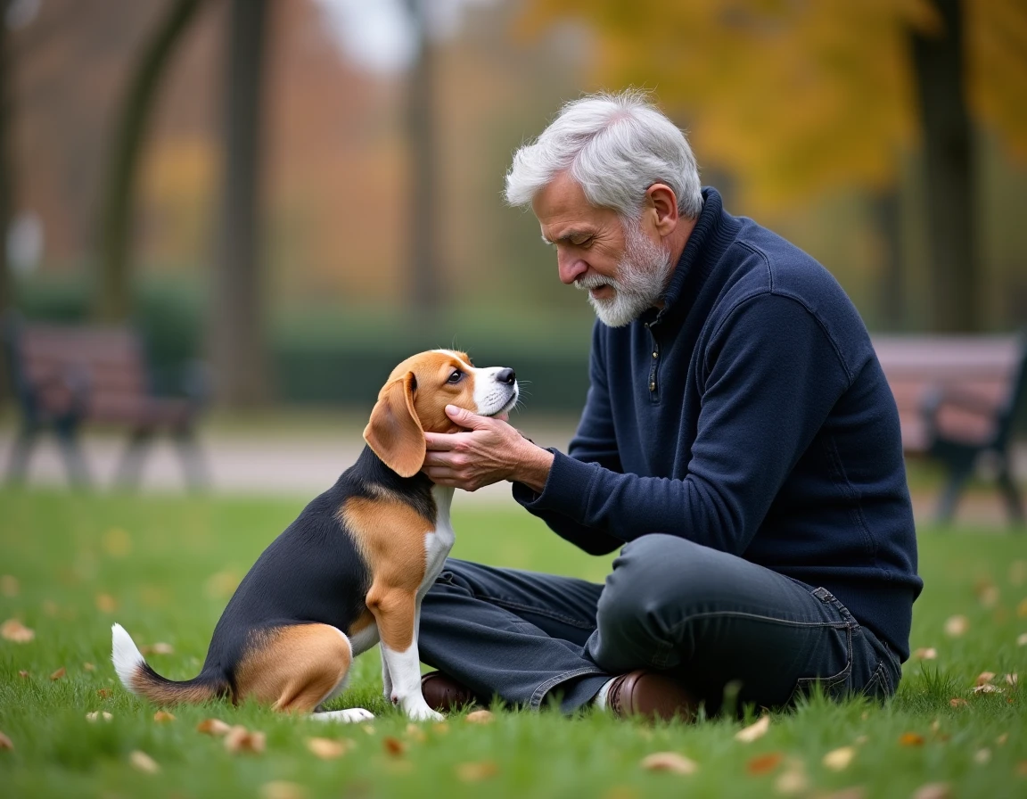 Homme âgé dans un parc retrouvant son beagle qui renifle ses mains, illustrant la mémoire olfactive et la reconnaissance du chien