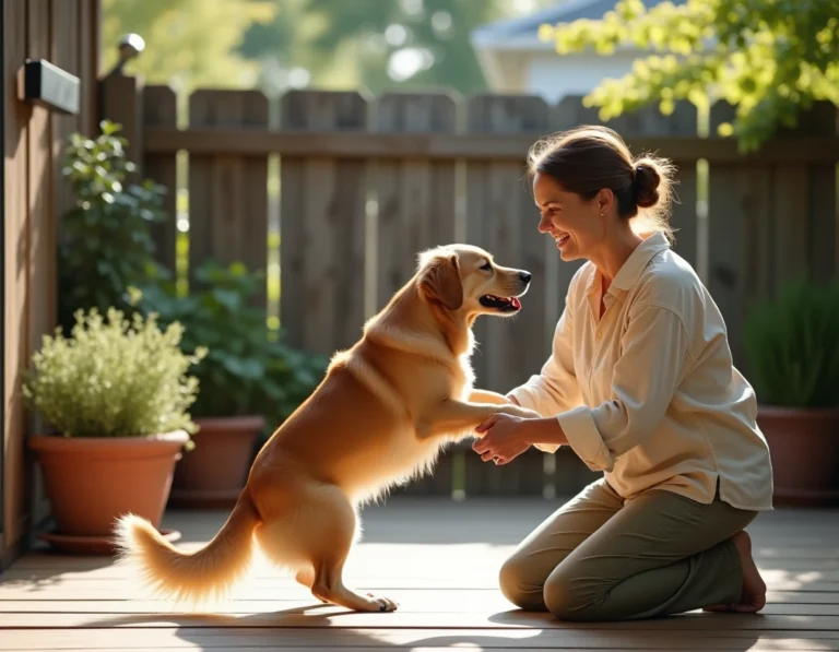 Femme retrouvant son chien golden retriever sur une terrasse en bois, illustrant la mémoire affective du chien envers son maître