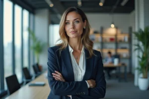 Clara Pésery, femme d'exception et professionnelle accomplie, se tient avec assurance dans un bureau moderne aux grandes baies vitrées