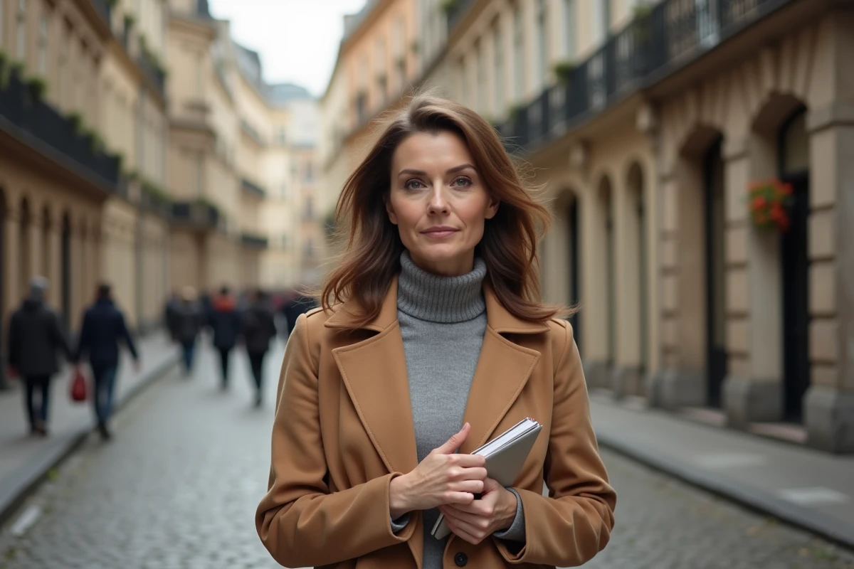 Portrait en extérieur d'une femme inspirante et déterminée dans une rue pavée européenne, évoquant le parcours remarquable de Clara Pésery