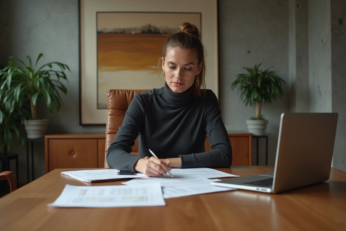Une femme de leadership studieuse analyse des documents dans une salle de réunion contemporaine, illustrant le parcours exceptionnel de Clara Pésery