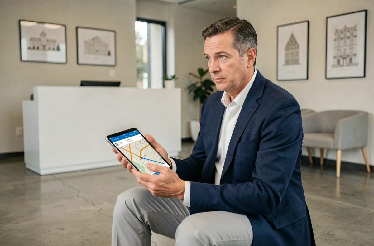 Client d'un cabinet d'architecture consultant le plan du site de l'agence sur une tablette dans une salle d'attente moderne