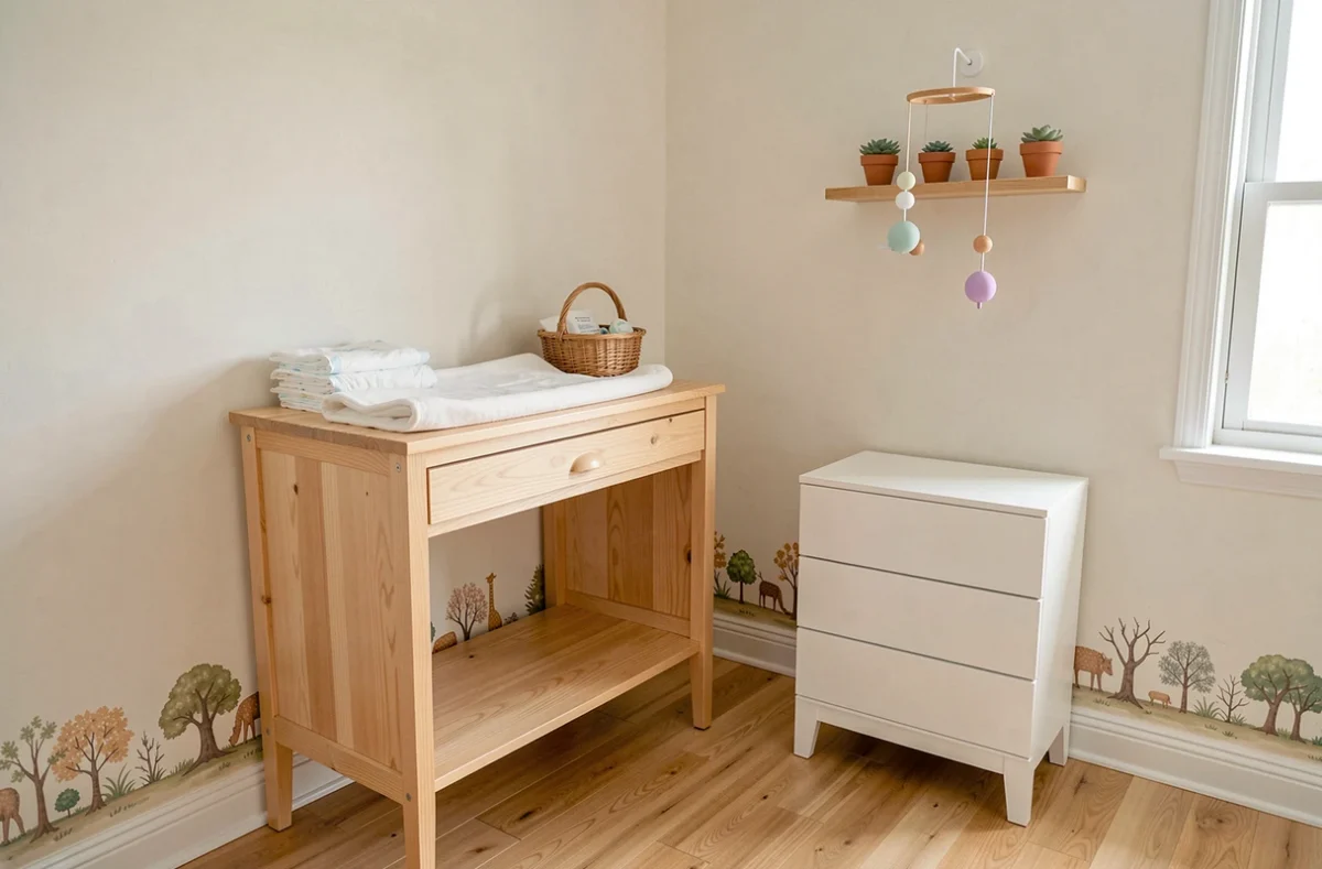 Coin table à langer en bois clair avec couches empilées, panier en osier et étagère murale dans une chambre de bébé minimaliste et organisée