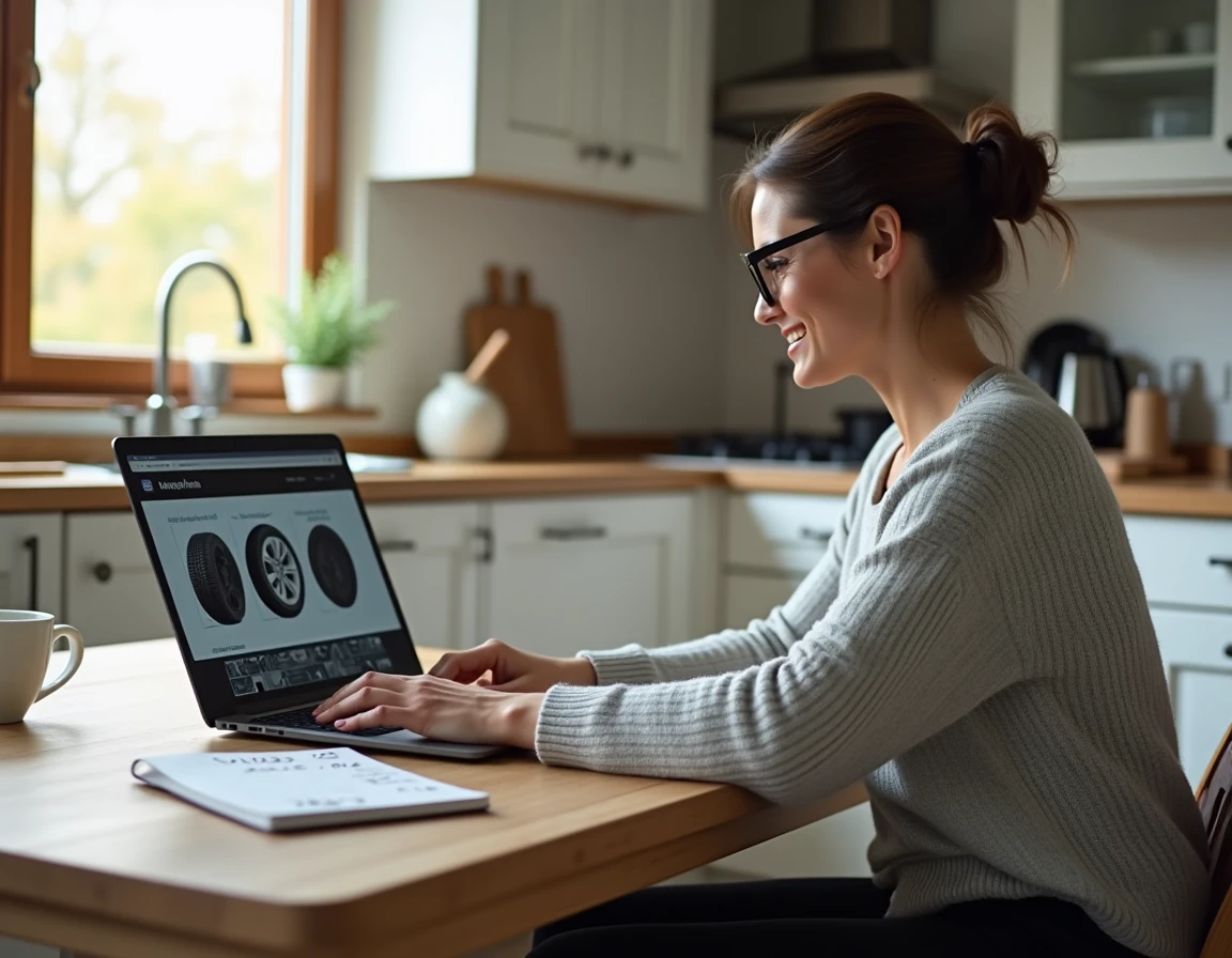 Une femme particulière consultant le site de vente de pneus Maxityre depuis son domicile pour choisir ses pneumatiques