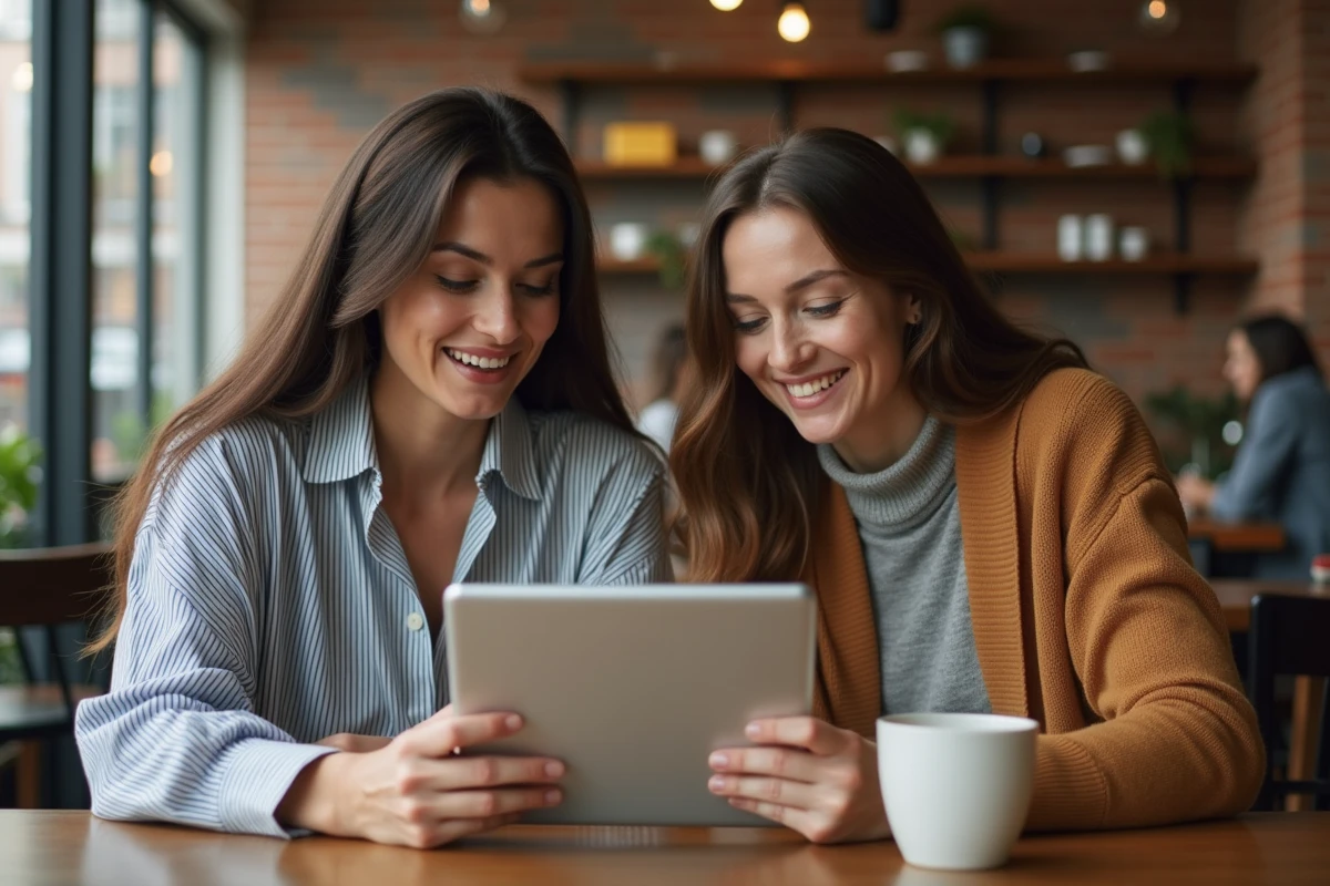 Deux amies comparant des vêtements tendance sur une tablette dans un café pour trouver des dupes Zara abordables sur Shein