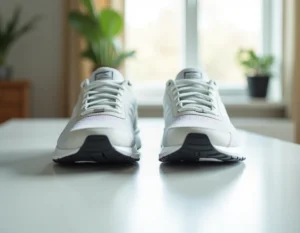 Comparaison entre une vraie paire de Skechers et une contrefaçon posées côte à côte sur une table blanche