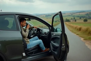 Homme regardant le niveau de carburant dans une voiture en campagne