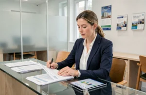 Conseillère bancaire analysant les tendances du crédit en France dans une agence moderne