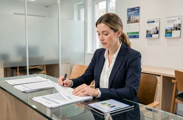 Conseillère bancaire analysant les tendances du crédit en France dans une agence moderne