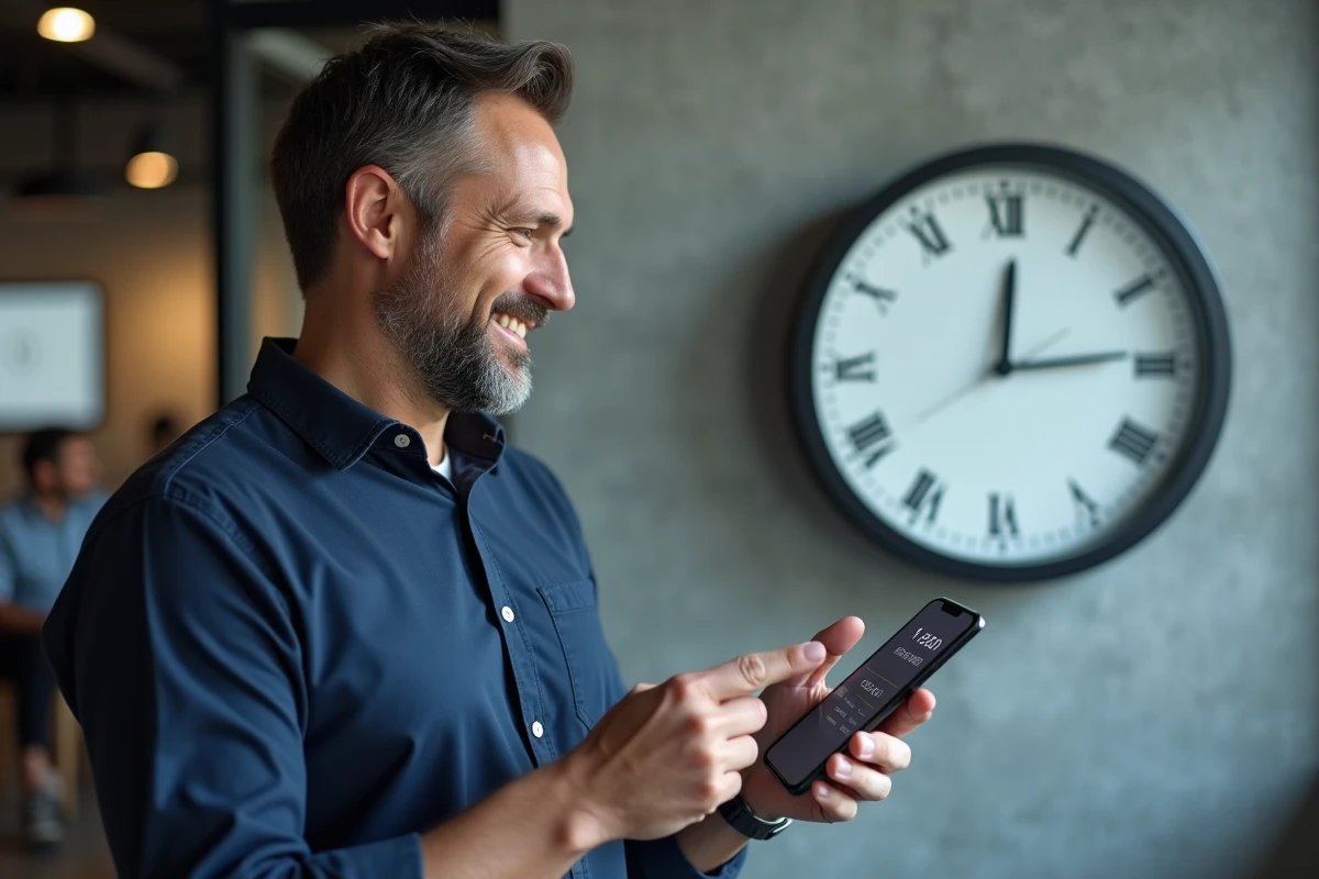 Homme pointant une horloge murale analogique et vérifiant une conversion d'heure sur smartphone