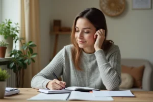 Femme écrivant des conversions de chiffres en heures dans un carnet sur un bureau en bois