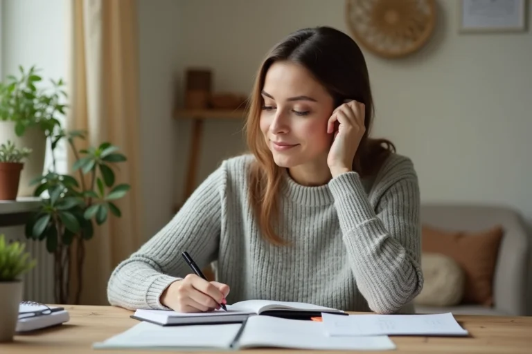 Femme écrivant des conversions de chiffres en heures dans un carnet sur un bureau en bois