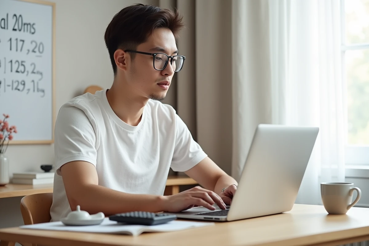 Jeune personne utilisant un ordinateur portable pour convertir des chiffres en heures avec une calculatrice
