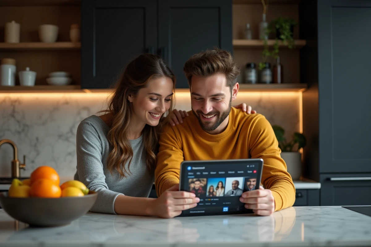 Couple parcourant un catalogue de films en streaming sur une tablette dans leur cuisine moderne