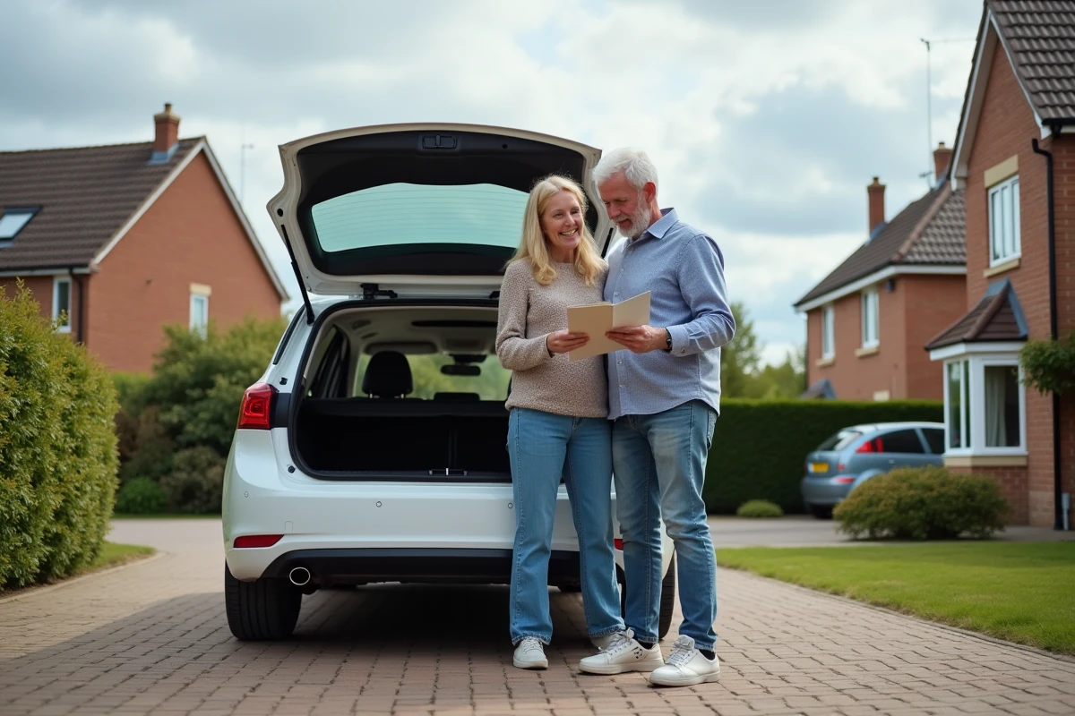 Couple comparant des brochures automobiles devant un break familial blanc dans une allée résidentielle