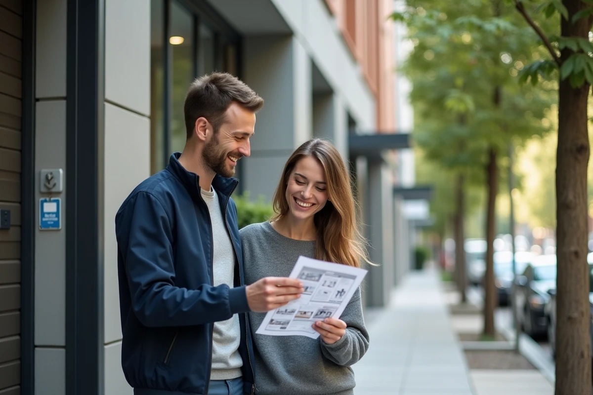 Couple de jeunes adultes visitant un immeuble résidentiel moderne pour une offre de location