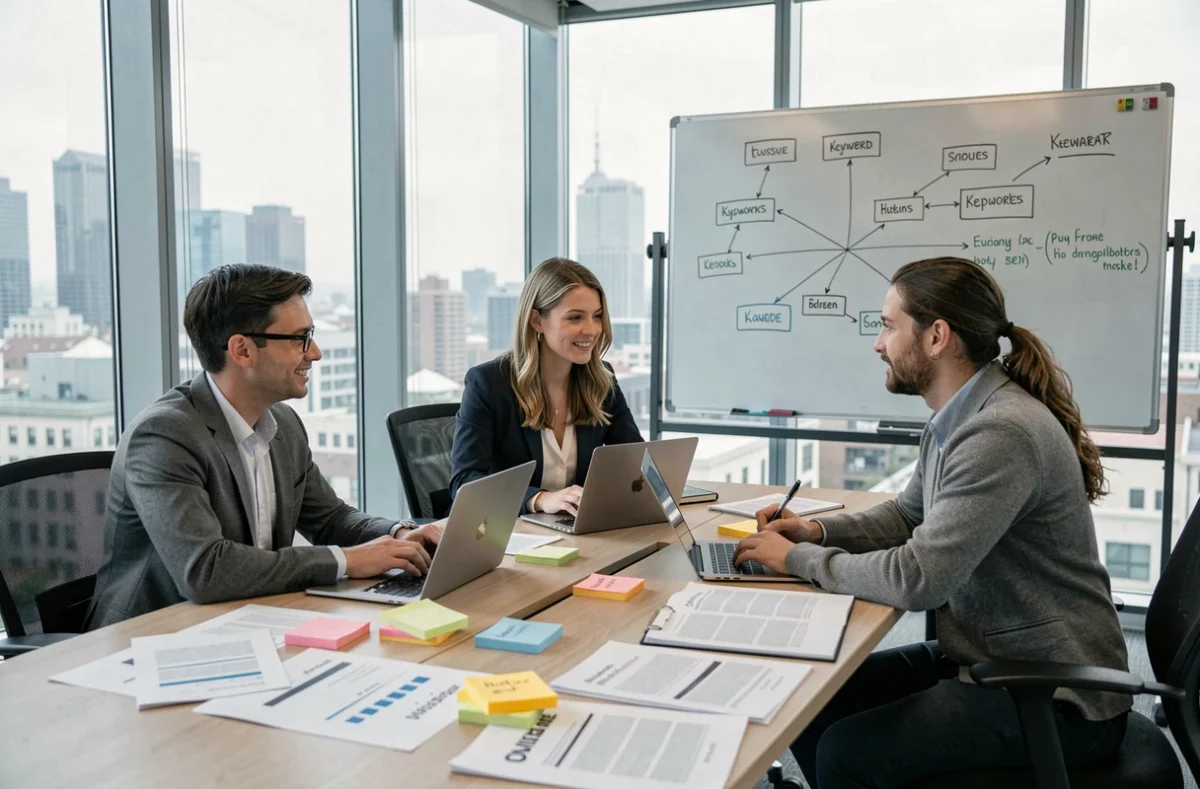 Équipe marketing collaborant sur une stratégie de présence en ligne autour d'une table de réunion avec tableaux de bord et graphiques