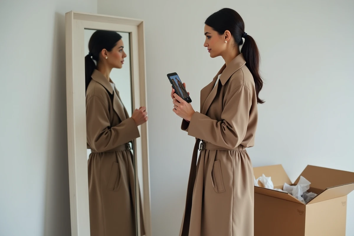 Femme essayant un vêtement reçu de Shein devant un miroir en le comparant à un modèle Zara tendance sur son téléphone