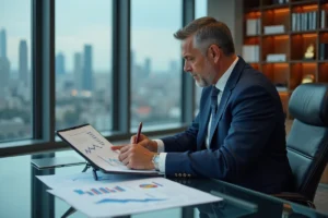 Homme executif en costume bleu analyse des rapports économiques