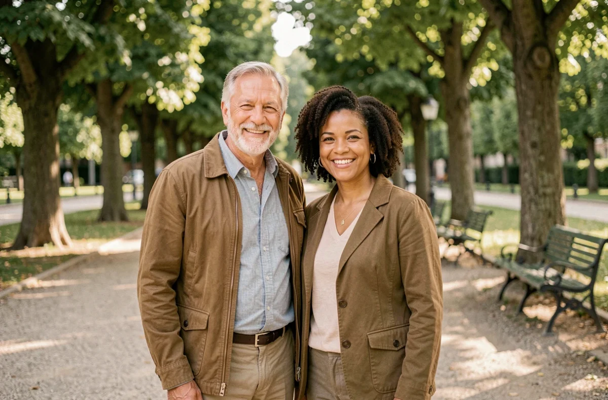 Couple franco-multiculturel dans un parc français, symbolisant les origines et la nationalité mêlées des parents d'un sportif professionnel français