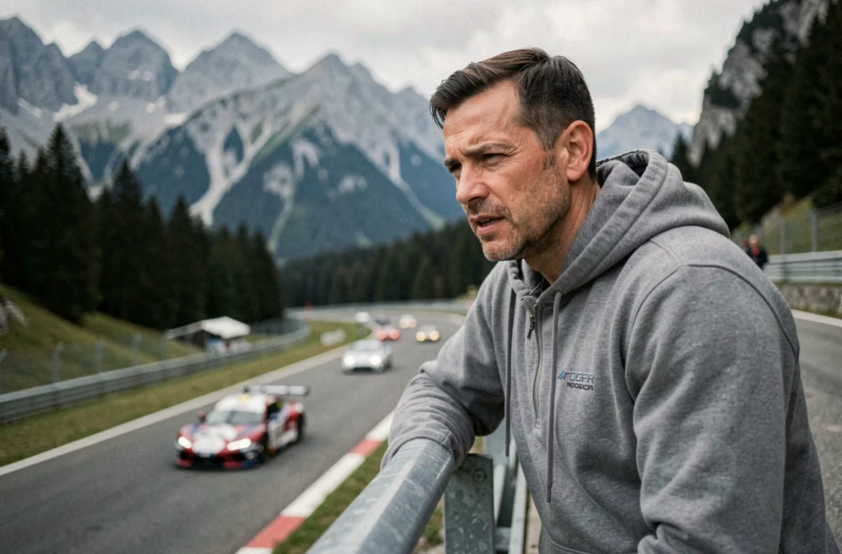 Fan de course automobile suisse regardant une épreuve de montagne avec des paysages alpins en arrière-plan
