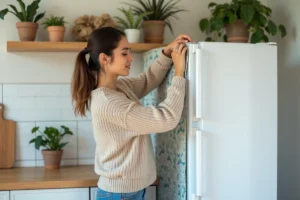 Femme posant un tissu derrière un frigo dans une cuisine chaleureuse