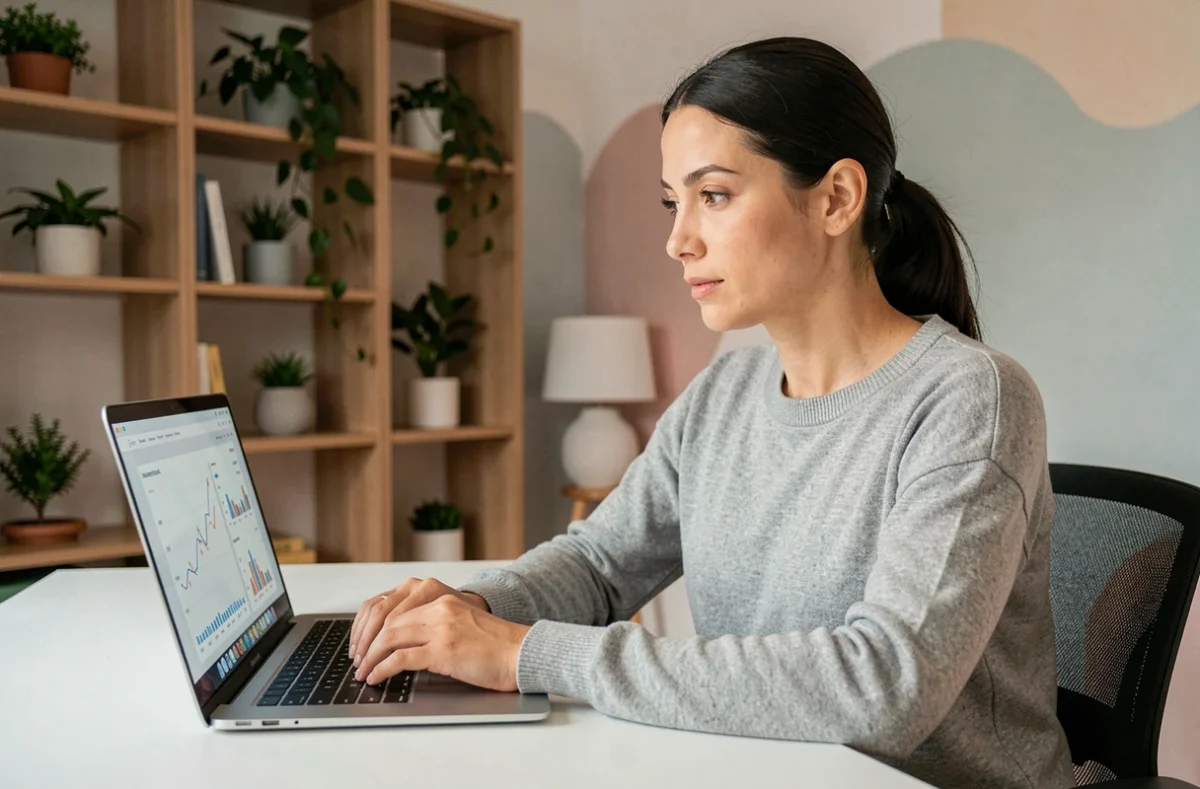 Femme professionnelle analysant les statistiques de son site web sur un ordinateur portable dans un bureau moderne épuré