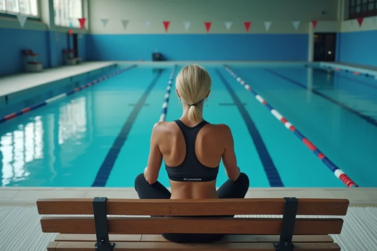 Femme athletique assise pensivement au bord de la piscine