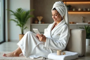 Femme détendue en peignoir blanc dans sa salle de bain