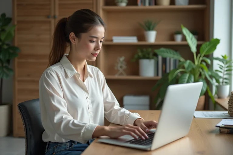 Jeune femme travaillant sur un ordinateur dans un bureau moderne