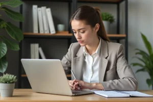 Jeune femme en bureau finance avec ordinateur et notes