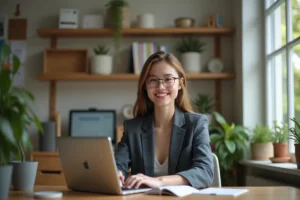 Jeune femme en blazer travaillant en home office