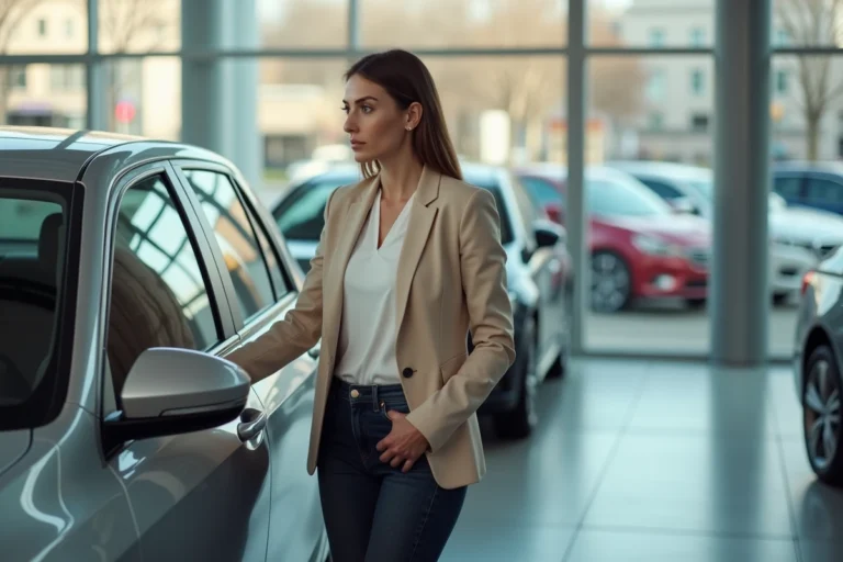 Femme examinant une voiture compacte argentée dans une concession automobile moderne