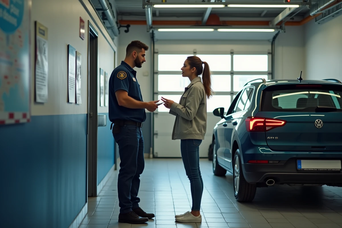Jeune femme discutant avec agent dans garage de contrôle