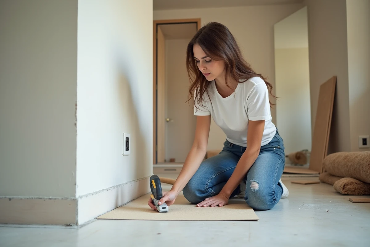 Jeune femme coupant une plaque de Duraboard dans une salle de bain en renovation