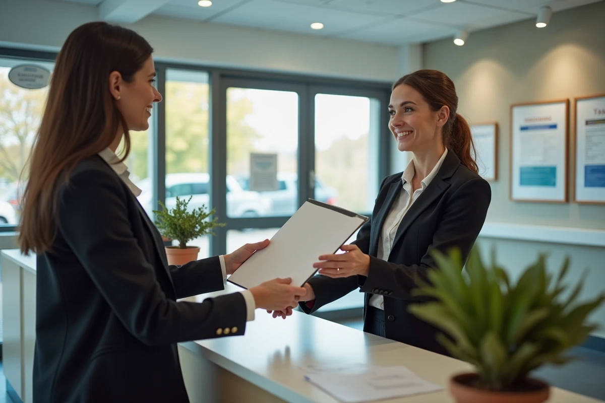 Femme remettant un dossier à un agent municipal dans un hall