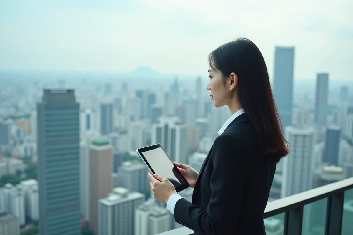Jeune femme économiste japonaise sur un balcon tokyoïte