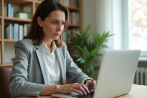 Femme professionnelle frustrée face à une erreur de connexion sur son compte Camieg depuis un ordinateur portable