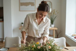 Femme arrangeant des fleurs dans une salle à manger moderne