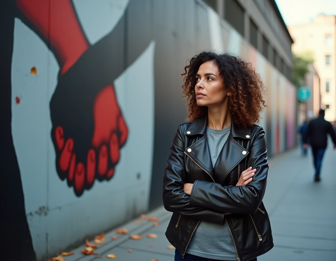 Femme pensive devant une fresque murale urbaine évoquant la solidarité et la transformation sociale radicale